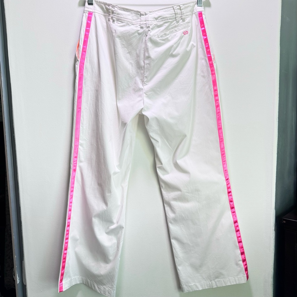 Escada Sport White Cotton Trousers Pink Satin Side‎ Stripe Country Club Size 44